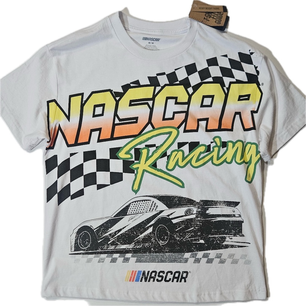 NASCAR‎ Shirt Mens Medium White NASCAR Auto Racing Checkered Graphic Tee